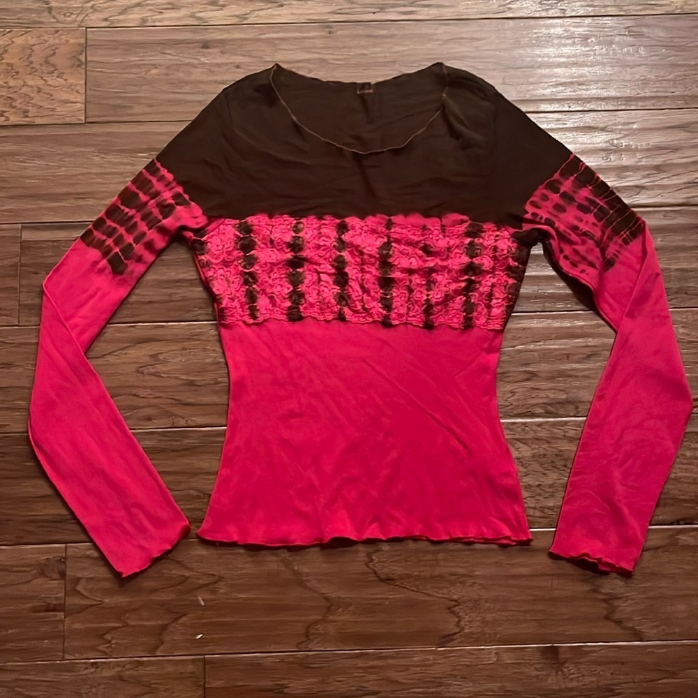 Kate Landry Fuchsia and Brown Tie Dyed Long Sleeve Shirt Size L